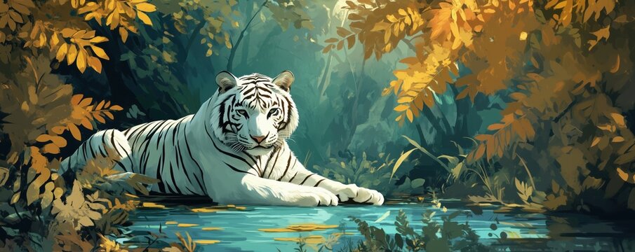Majestic white tiger resting by serene water in lush forest, surrounded by vibrant autumn foliage and dappled sunlight, copy space for text
