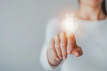 Young woman interacting with a digital health symbol, expressing a sense of innovation and technology in healthcare, perfect for wellness concepts