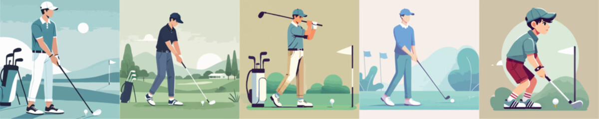 vector set of a young man playing golf