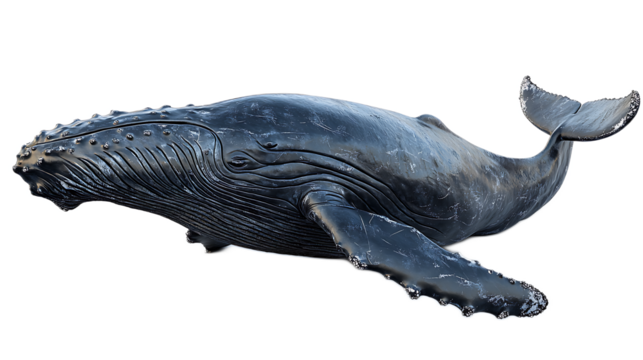 Humpback Whale in Ocean: Majestic humpback whale gracefully swims through the deep blue ocean, showcasing its intricate patterns and powerful form. A breathtaking image of marine wildlife.