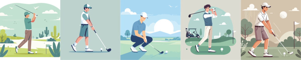 vector set of a young man playing golf
