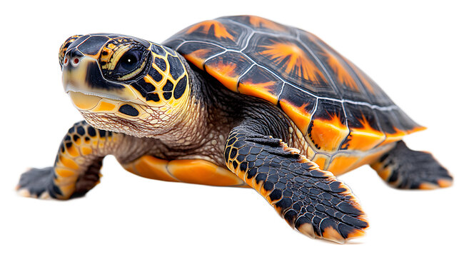Juvenile Hawksbill Sea Turtle: A captivating close-up of a young Hawksbill sea turtle, showcasing its vibrant orange and black shell pattern and endearingly curious gaze.&nbsp;