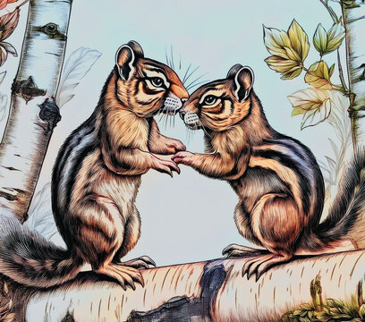 Two adorable chipmunks sitting in a birch tree. One Chippy is kissing the other on the nose