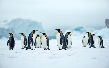 Obraz premium A group of emperor penguins standing on the snowy ground, surrounded by icy landscapes.