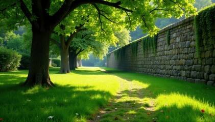 Obraz premium Fairway bordered by ancient stone wall, dappled sunlight, shadow, scenic