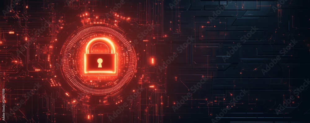 Poster digital lock symbol on futuristic background representing cybersecurity and data protection, copy sp