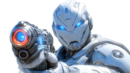 Cybernetic Soldier: A futuristic, heavily armed cyborg soldier, clad in sleek white armor with glowing blue eyes, stands ready for battle with a laser gun in hand.
