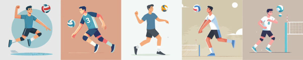 vector set of a young man playing volleyball