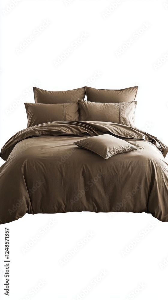 Aufkleber soft brown duvet cover elegantly arranged with two pillows and a folded duvet in front, creating a s