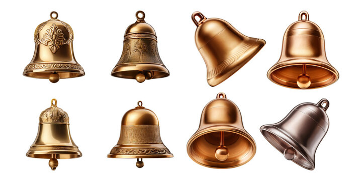 Assorted Vintage Metal Bells in Different Designs and Finishes, isolated on transparent background