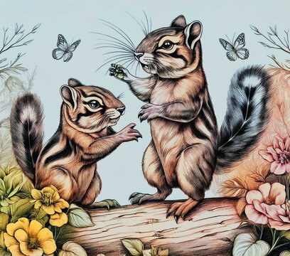 Two very happy chipmunks on a birch aspen tree playing with Butterflys