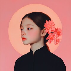 Fototapeta premium young woman with flowers in her hair against a pink background