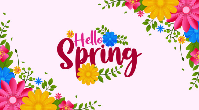 Cute Hello Spring card background or poster for spring holidays with floral and leaf elements. Template for Easter, birthday or Mother's Day decoration and greetings
