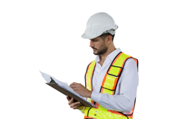 Portrait of male engineer construction working on transparent background. Male construction builder standing on transparent background