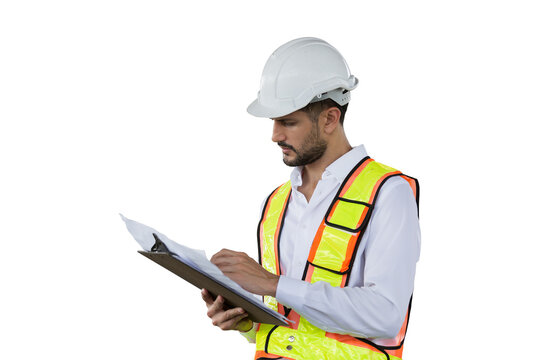 Portrait of male engineer construction working on transparent background. Male construction builder standing on transparent background