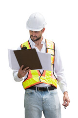 Portrait of male engineer construction working on transparent background. Male construction builder standing on transparent background