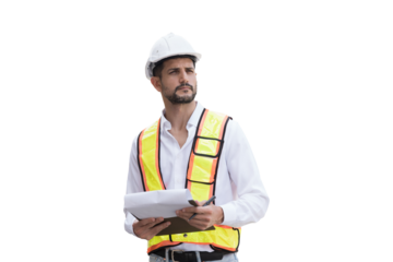 Portrait of male engineer construction working on transparent background. Male construction builder standing on transparent background