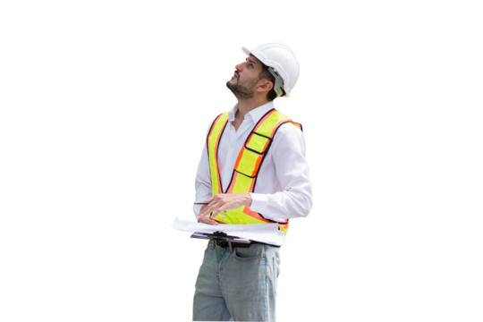Portrait of male engineer construction working on transparent background. Male construction builder standing on transparent background
