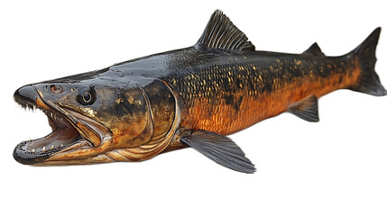 Naklejka premium Arctic Grayling Close-up: A detailed view of an Arctic Grayling, showcasing its distinctive coloration, prominent teeth, and powerful body. The fish's open mouth adds a sense of action and vitality.