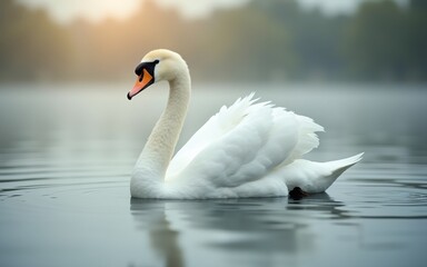 Fototapeta premium A graceful swan glides through tranquil waters, creating serene ripples in the misty morning light.