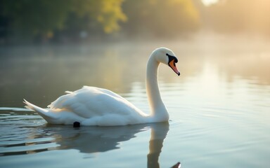 Fototapeta premium A serene swan gliding gracefully across a misty lake at sunrise.