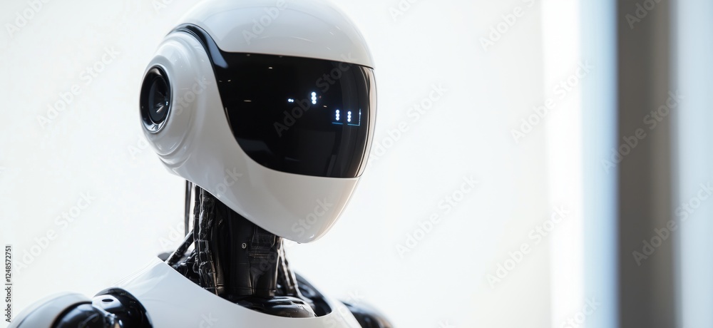 Poster futuristic humanoid robot with sleek design and digital display features, copy space for text