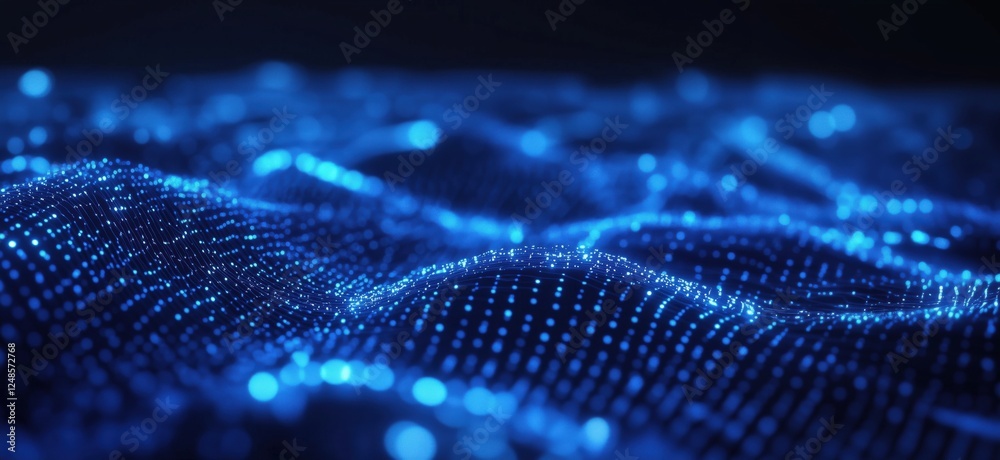 Poster digital waves of blue light representing data flow and connectivity, copy space for text