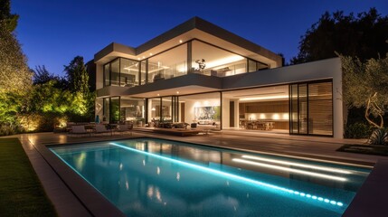 Modern house, night view, pool, garden, luxury real estate