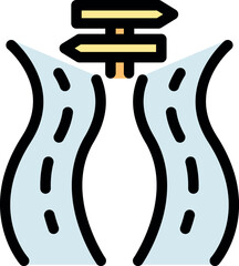 Two winding roads diverging from a crossroads with a directional signpost, symbolizing choices and different paths in a journey or life decision