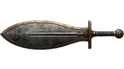 Ancient Falcata Sword: A detailed close-up of an ancient falcata sword, showcasing its unique curved blade, bronze accents, and weathered appearance.  The image is perfect for historical, fantasy.
