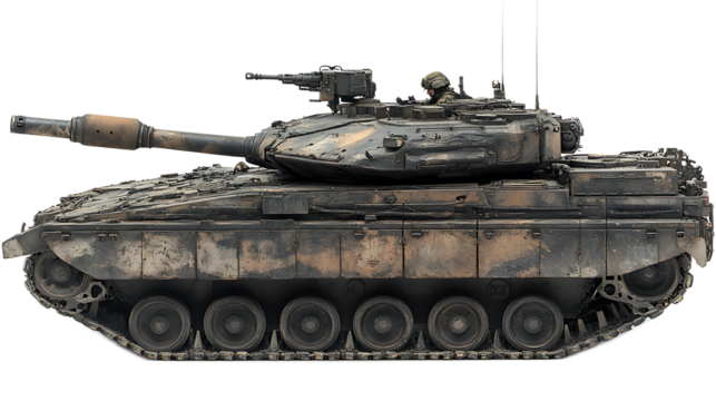 Camouflaged Main Battle Tank: A powerful main battle tank, expertly camouflaged for covert operations, sits poised and ready.