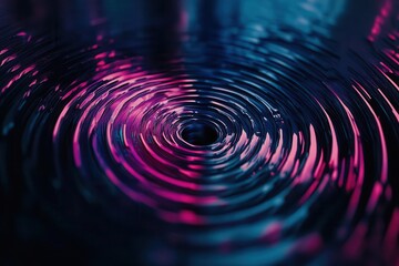 a mesmerizing digital vortex with iridescent cyan and magenta rings, rippling outward against a deep obsidian background, creating a hypnotic tech-inspired pattern