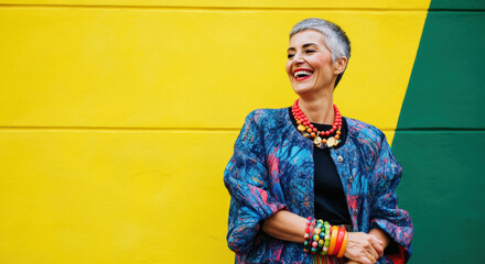 Smiling mature caucasian female in colorful fashion against yellow background.