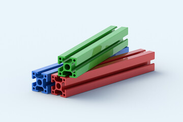 Colorful aluminum profiles on light gray background. Extrusion bar for cnc machine or lathe. Construction materials. 3d render