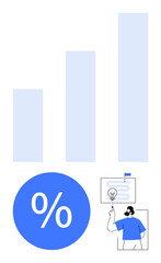 Businessperson using a pointer to present insights on a board with lightbulb icon, accompanied by bar chart and percentage symbol. Ideal for statistics, presentations, planning, finance, analysis