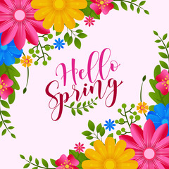 Cute Hello Spring card background or poster for spring holidays with floral and leaf elements. Template for Easter, birthday or Mother's Day decoration and greetings