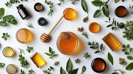 Sweet Honeycomb: A Delightful Flatlay of Honey, Herbs, and Flowers