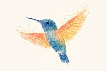 Obraz premium Colorful watercolor hummingbird illustration with vibrant orange and blue feathers, showcasing beauty and grace in nature