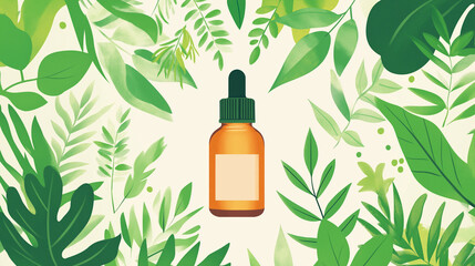 bottle with green leaves, cosmetic, organic serum bottle