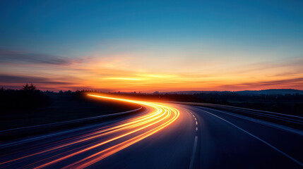 scenic highway at sunset with light trails from vehicles, creating dynamic atmosphere