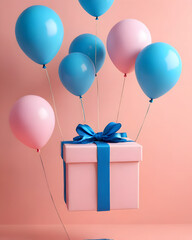 A pink gift box decorated with a blue ribbon, surrounded by blue and pink balloons scattered in the air, on a beige background. Feels elegant, fun and festive.