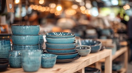 Naklejka premium Blue Pottery Bowls and Plates on Wooden Shelves at Market