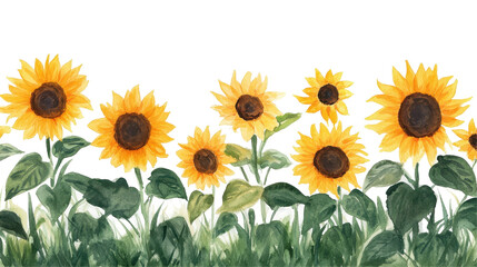 Fototapeta premium A vibrant field of sunflowers standing tall under a bright blue sky. transparent background