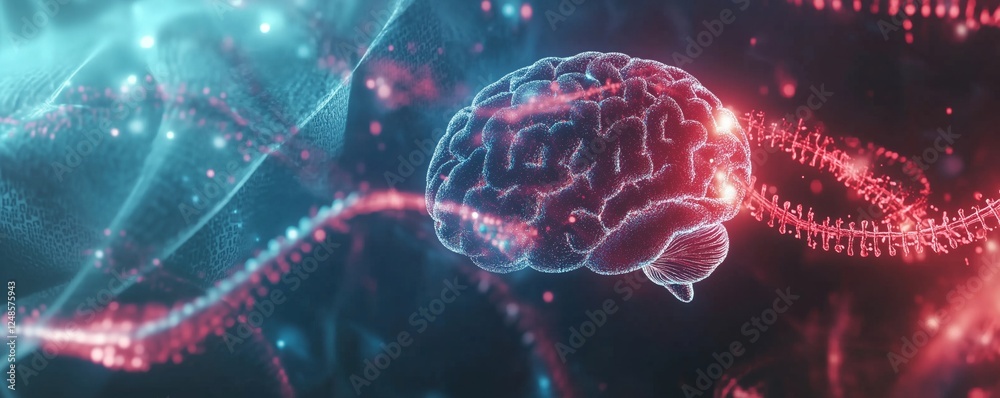 Poster digital brain visualization with neural connections and dna helix representation, copy space for tex