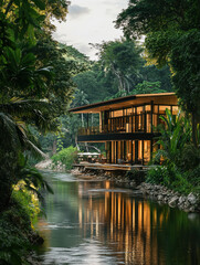 Fototapeta premium A peaceful scene with gazebos by the lake, river, and in the park