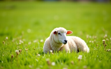 Obraz premium A fluffy sheep resting in a vibrant green meadow filled with wildflowers.