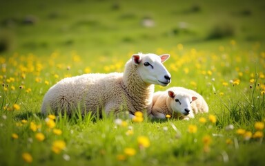 Naklejka premium A serene scene of a mother sheep and her lamb resting in a vibrant field of flowers.