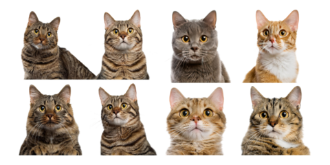 Eight Different Cat Portraits in Vivid Colors and Unique Expressions, isolated on transparent background