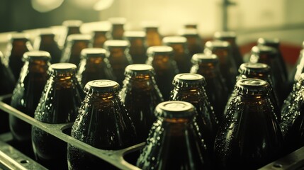 Rows of glass bottles with condensation in a factory setting, showcasing beverage production process