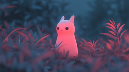 a cute glowing rabbit-like figure stands in a field of plants